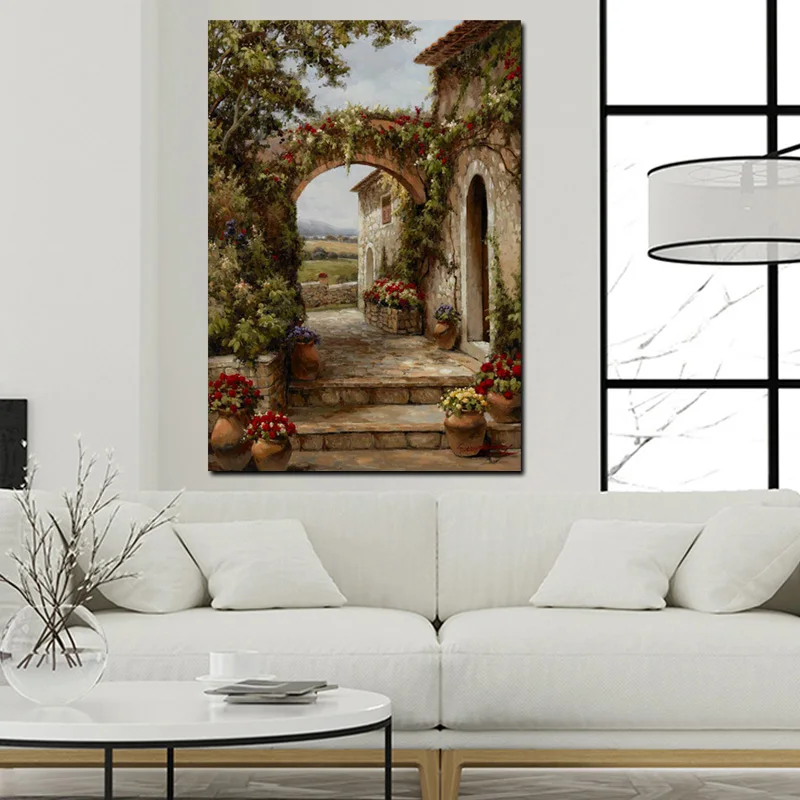 Абстрактный пасторальный дом цветы дверь пейзаж картина маслом HD Печать на холсте плакат с изображением сада настенная художественная картина для гостиной