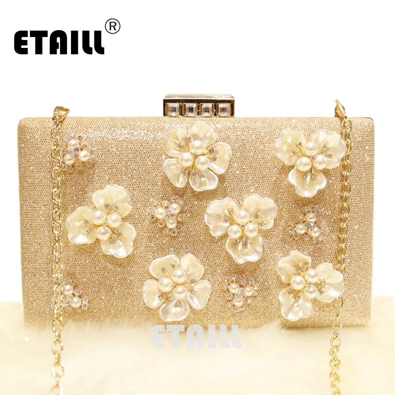 

ETAILL Luxury Golden Crystal Pearl Flower Clutch Bags Bridal Wedding Lady Evening Bags Women Messenger Shoulder Bag with Chain