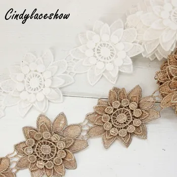 

3 Layers 3D Floral Lace Trim Ribbon White Gold Embroidered Water Soluble Sew on Flowers Lace Appliques For Clothing Dress Motifs