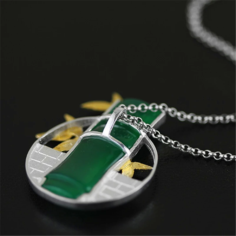 Lotus Fun Brand 925 Sterling Silver Pendant for Women Green Chalcedony Bamboo with Leaf Wall Pendant without Chain Fine Jewelry