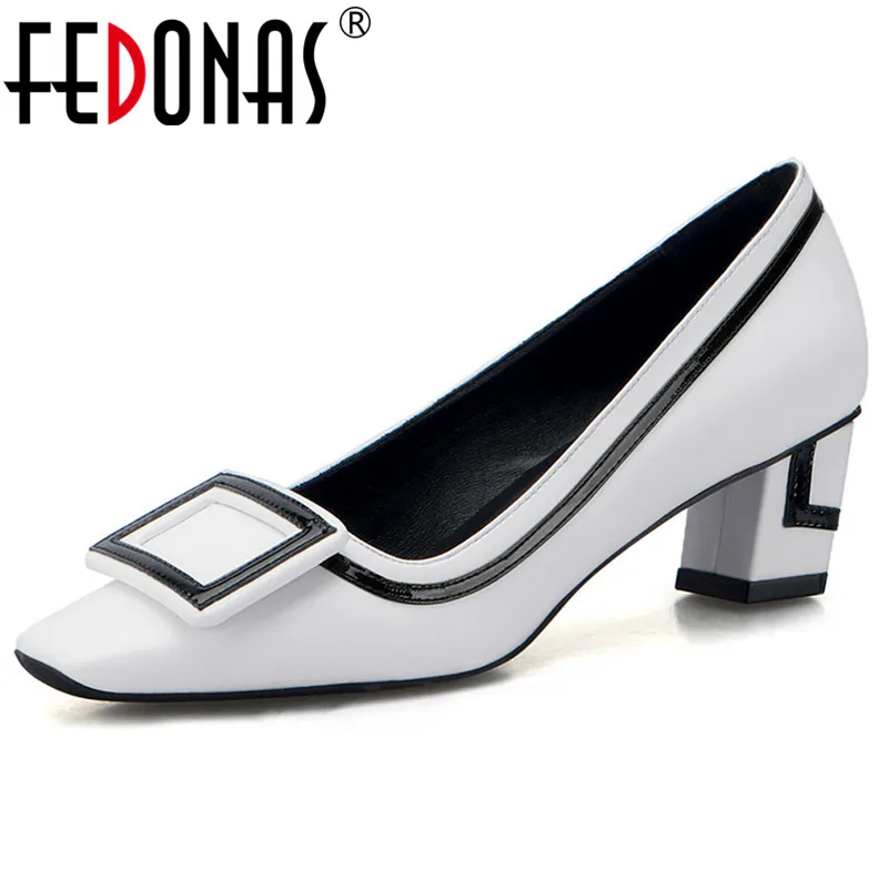 

FEDONAS Fashion New Women Basic Pumps Thick High Heels Slip On Party Wedding Shoes Woman Genuine Leather High Quality Pumps