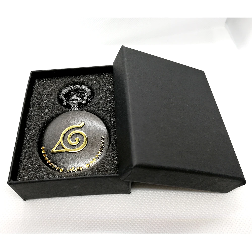 New Arrival Black Gold NARUTO Japanese Anime Quartz Pocket Watch Analog Pendant Necklace Men Women Watches Fob Watches Gift Box - Цвет: Black With Gift Box