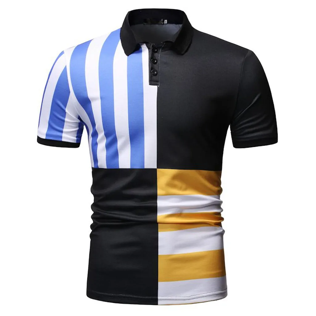 

Men's Stripe Button Slim Fit Turn-Down Collar Short Sleeve Top Shirt Blouse Contrast Color Men Polo Shirt Breathable
