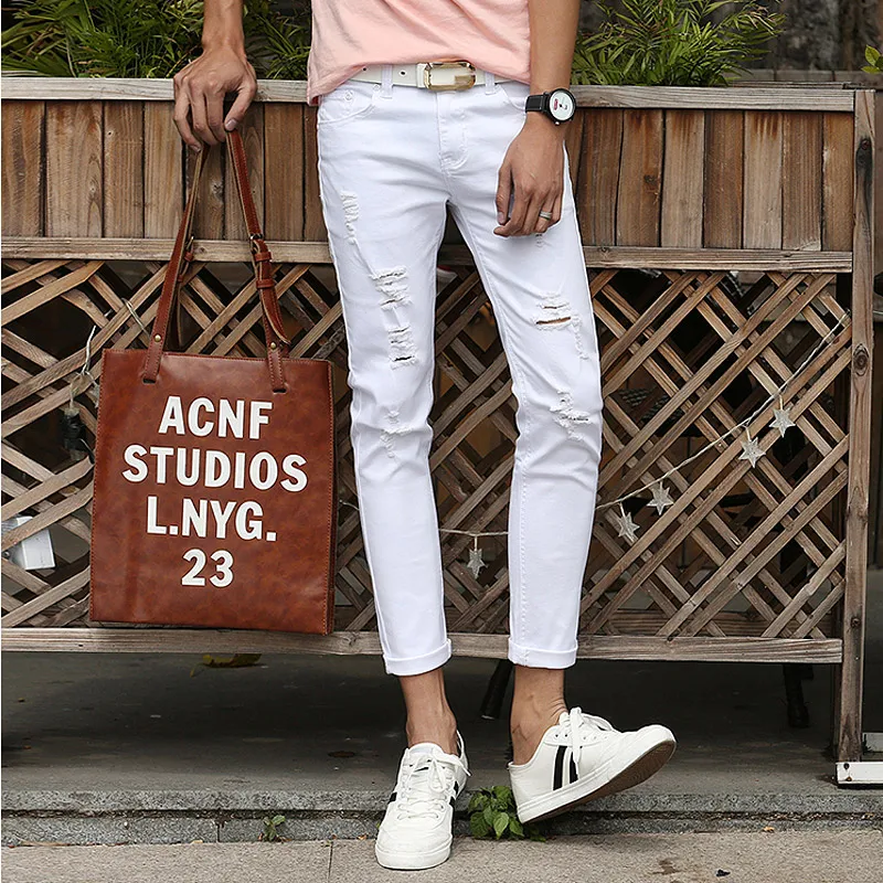 Designer D'été De Mode Hommes de Jeans Pantalon Pantalon Blanc Affligé Noir  Maigre Trou Jeans Hommes Déchiré Cheville Capri Jean pour mâle | AliExpress