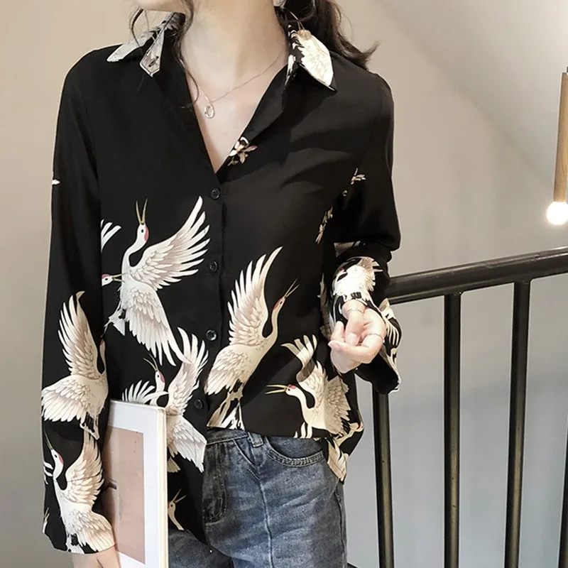

Blouse WomenTops Bird Embroidered White V Neck Long sleeve Blouse Shirts Turn Down Collar New Fashion Office Female Summer Top