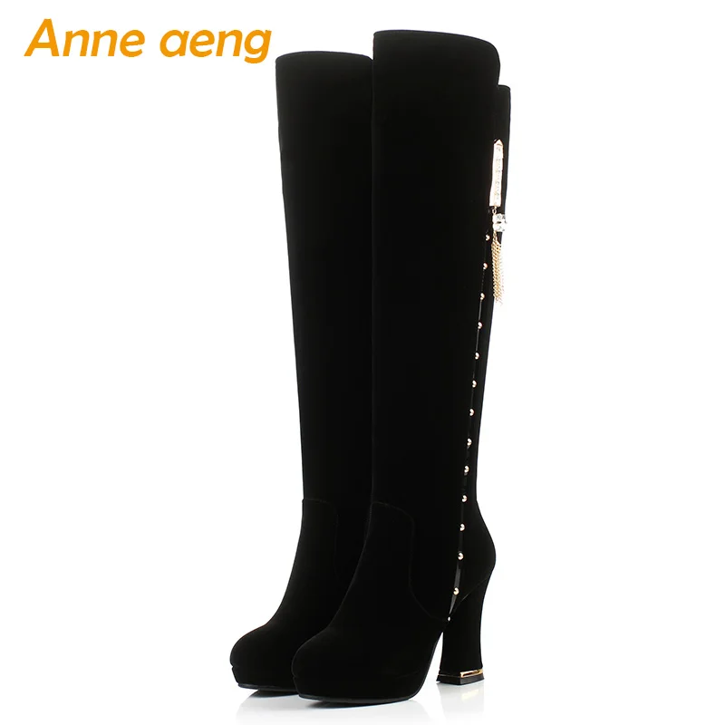 

2018 New Winter Women Knee-High Boots High Square Heel Round Toe Zipper Rivet Elegant Sexy Ladies Women Shoes Black Long Boots