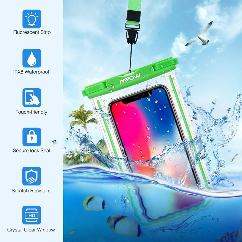Mpow Universal Waterproof Phone Pouch Case IPX8 Cellphone Bag with Wrist Strap for iPhone X XS 8 8S 7 6 6inch Phone Diving bag   (17)