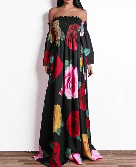 

Vintage Women Autumn Maxi Dress Digital Floral Print Turtle Neck Short Sleeve Waist Belt Elegant Long Boho Dress