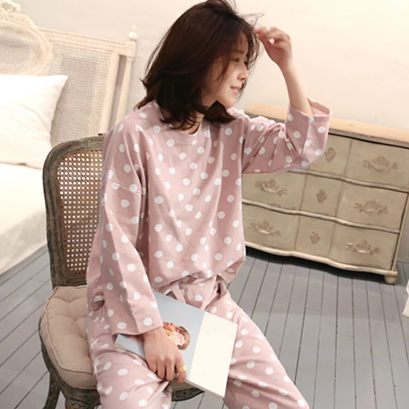 Polka Dot Cute Sweet Women Pajamas Set Soft Long Sleeve O-neck Pants Women's Home Clothes Spring Sweet Female Nightie XXL