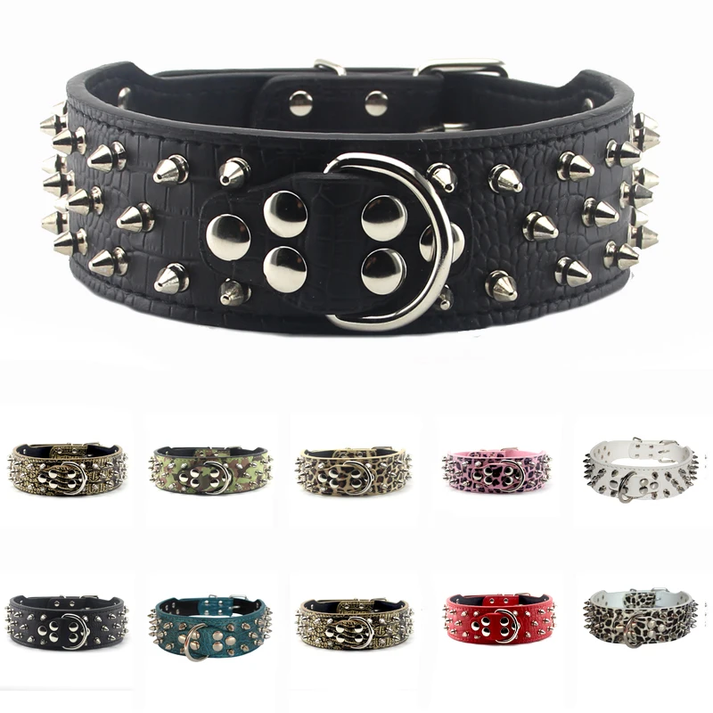 

2 Inch wide 3 Rows Sharp Spiked Studded Leather Medium Large Dog Pet Collar Studs Collar for Pitbull Bulldog Mastiff More Breeds