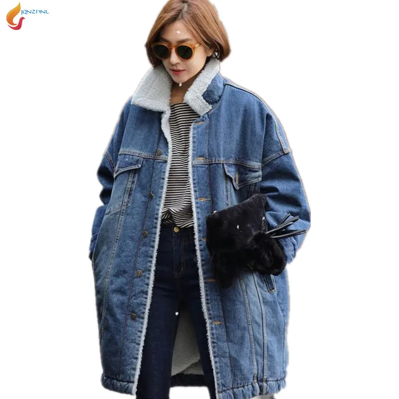 

Women autumn cowboy jacket 2019 winter large size women warm coat medium long lamb wool Cotton clothing denim coat G263 JQNZHNL