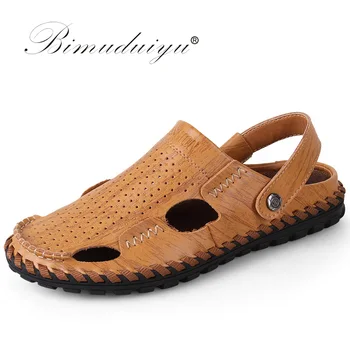 

BIMUDUIYU Soft Leather Beach Sandals for Men Handmade Closed Toe ClassicsSandals Summer Casual Breathable Mens Sewing Shoes