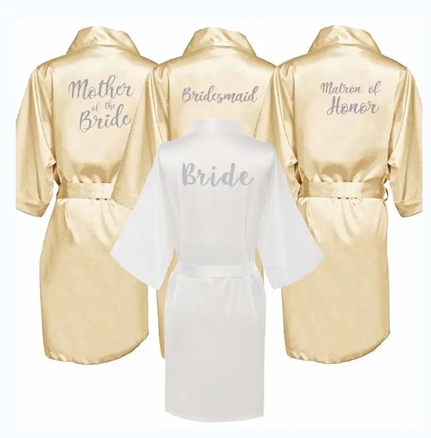 

champagne gold robe with silver grey writing bridal shower party mother of the groom robe bride women cape satin robes