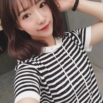 

LHZSYY 2019 Spring New Women's Knit Hooded collar Pullover stripe Short-sleeved Summer Hot T-shirt Thin Section Wild Knit 2019