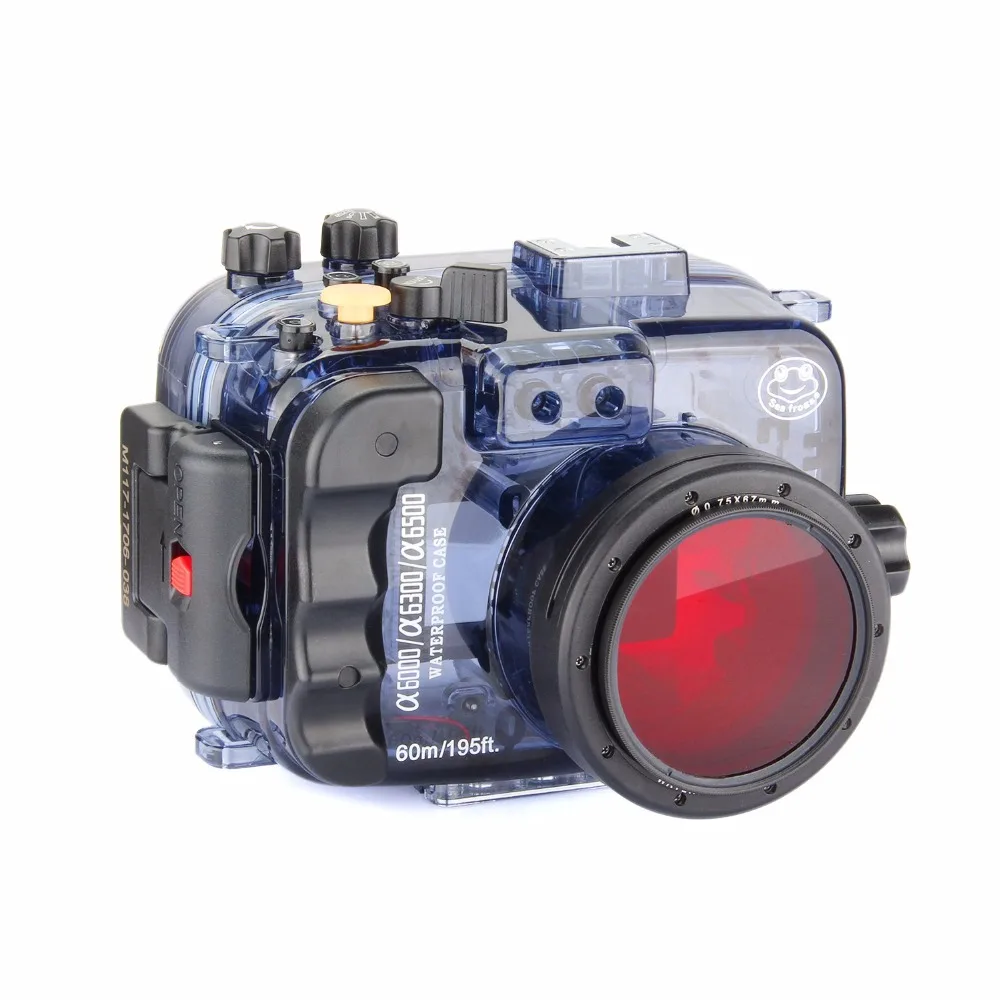 Tanie Seafrogs 60 m 195ft wodoodporna Aparat podwodny obudowa Case dla Sony Alpha A6000 A6300 A6500 (obudowa + pokrywa + czerwony filtr)