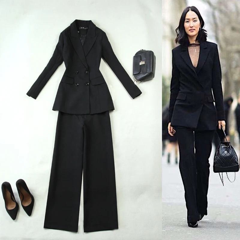 Корейский женский осенне-зимний новый черный тонкий двубортный длинный костюм широкие брюки Костюм Уличная одежда костюм