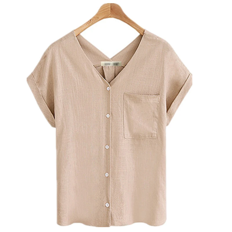 Летняя женская хлопковая льняная рубашка больших размеров с коротким рукавом, женская летняя блузка с карманом, белая льняная блузка, женские блузки - Цвет: Apricot