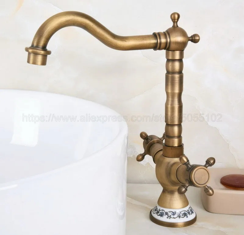Antique Brass Bathroom Sink Faucet Basin Mixer Tap Double Cross Head Handle Single Hole Hot and Cold Water znf602