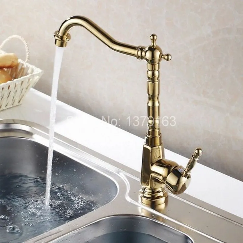 Golden Brass Kitchen Sink Faucet One Hole/Handle Modern Gold Color Mixer Taps Swivel Spout agf031