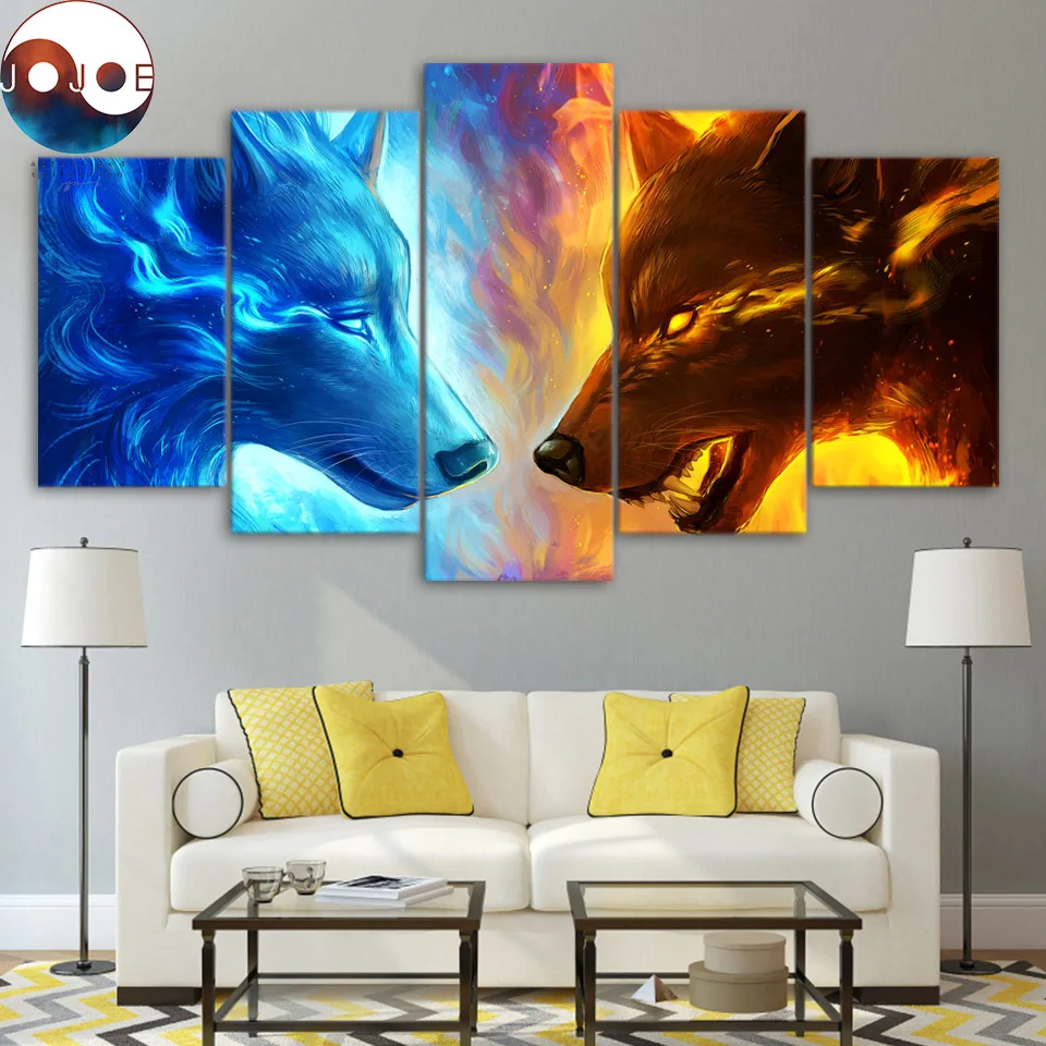 Billig Feuer und Eis durch JoJoesArt HD druck 5 stück leinwand kunst Feuer und Eis wolf zwei wölfe Wand Kunst Bild hause Dekoration CU 3091C