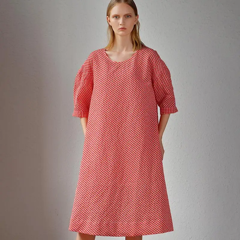Buykud 2019 Summer Dress Solid Color O-Neck Three Quarter Midi Dresses Casual Plaid Plus Size Female Vestidos (3)