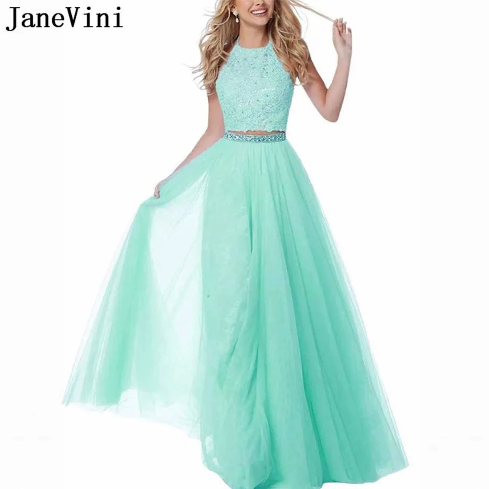 

JaneVini Charming Tulle Mint Prom Dress 2019 Halter Appliques Beaded Backless A Line Two Piece Gown Girls Pageant Formal Dresses