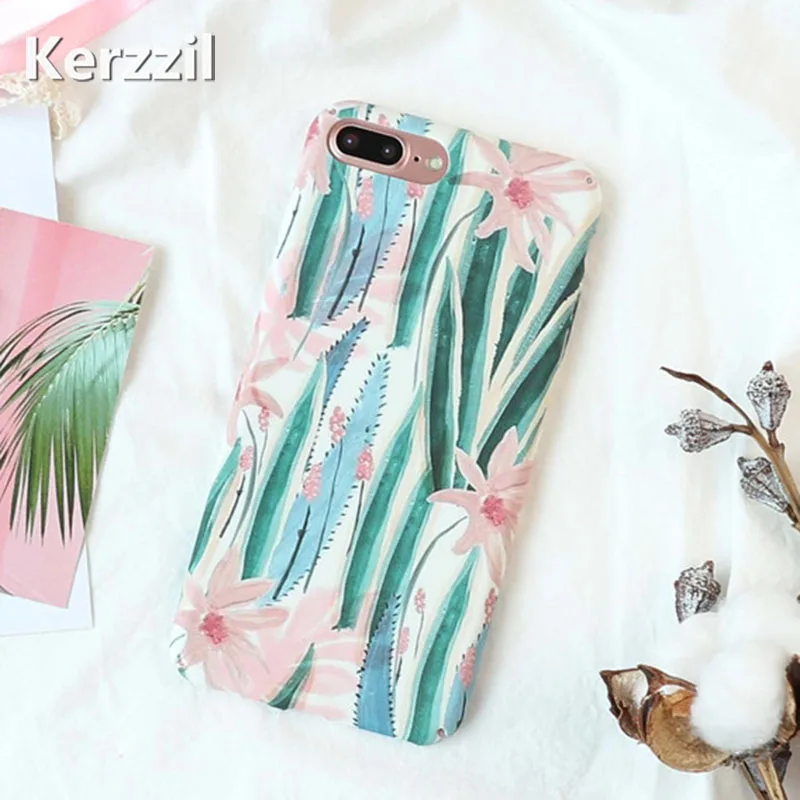 Kerzzil Pink flowers Green Leaf Phone Cases For iphone 7 8 6 6S Plus Matte Hard Cover Case iPhone Vintage | Мобильные телефоны и