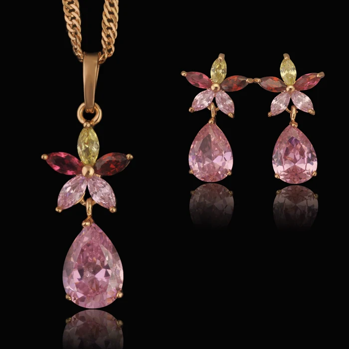 

MxGxFam New 18 Yellow Gold Color Women Jewelry Sets Pink Stone Flower with Environmental Copper