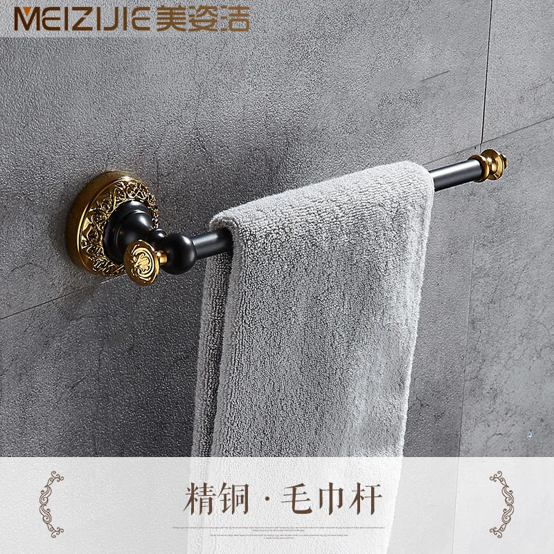 All copper black gold bath towel rack furniture rack european-style black copper wire drawing bathroom hardware hook suit - Color: towel ring 2