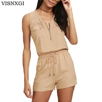 

VISNXGI Summer Jumpsuit Women Ladies Playsuit Jumpsuit Casual Lady Sleeveless Pocket Elastic Waist Mini Romper Overall Playsuit