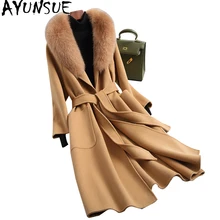 AYUNSUE шерстяное Женское пальто с воротником из натурального Лисьего меха, длинное тонкое шерстяное пальто с поясом, осенне-зимняя женская куртка JH17196