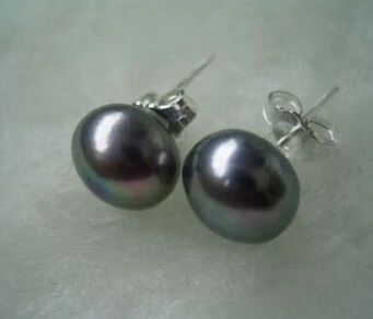 

Free shipping hj 00763 A pair of natural 11-12mm south seas BLACK pearl earrings