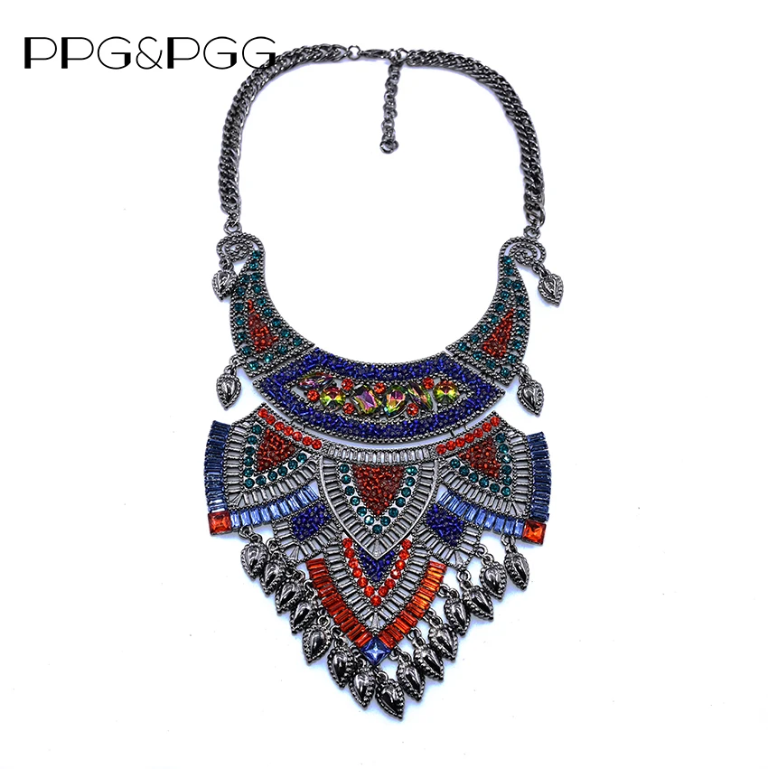 

PPG&PGG New Fashion Tassel Crystal Gem Colorful Luxury Pendants Statement Vintage Collar Choker Necklace Jewelry