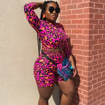 

2019 Women Leopard Print Two Piece Sets Fashion Crop Top Shorts Casual Tracksuit Fitness Suit Slim Outfits