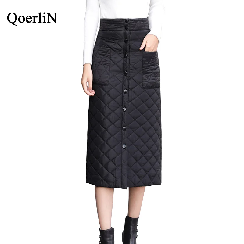 QoerliN Ladies Winter Skirts Single Breasted High Waist Thick Prismatic Pocket Knee Length Black