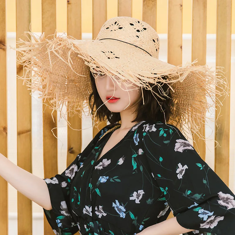 اليدوية نسج 100% الرافية قبعات للحماية من الشمس للنساء شريط أسود الدانتيل يصل كبيرة حافة القش قبعة في الهواء الطلق شاطئ الصيف قبعات Chapeu Feminino