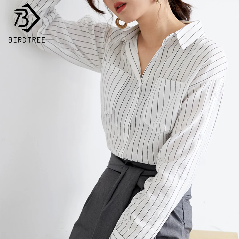 

Striped Print Shirt With Pockets Turn-down Collar Cozy Loose Office Lady Top Cuff Split Long Sleeve fashion Femina Blusa T91027R