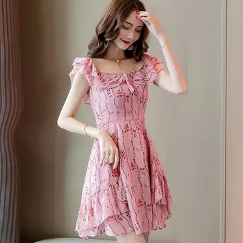 

Fashion Pink Elegant Floral Women Dresses Party Dinner Chiffon Slim Ruffled Sexy Backless Off Shoulder Dresses Summer