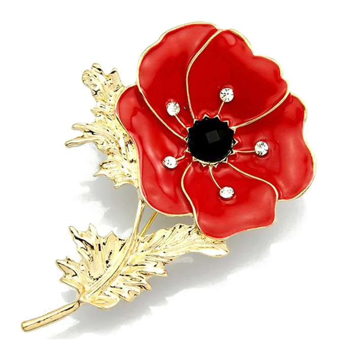 

Vintage Womens Poppy Brooch Pin Banquet Crystal Badge Flower Jewelry Red+Gold
