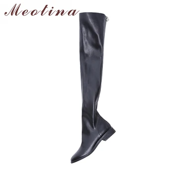 

Meotina Over The Knee Boots Genuine Leather Shoes Stretch Flats Thigh High Boots Riding Boots Winter Zipper Winter Shoes Black