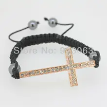 Sale 10pcs/lot Clear Crystal Rose Gold Color Curved Sideways Cross Connector Bead Adjustable Black Macrame Rope Jewelry Bracelet