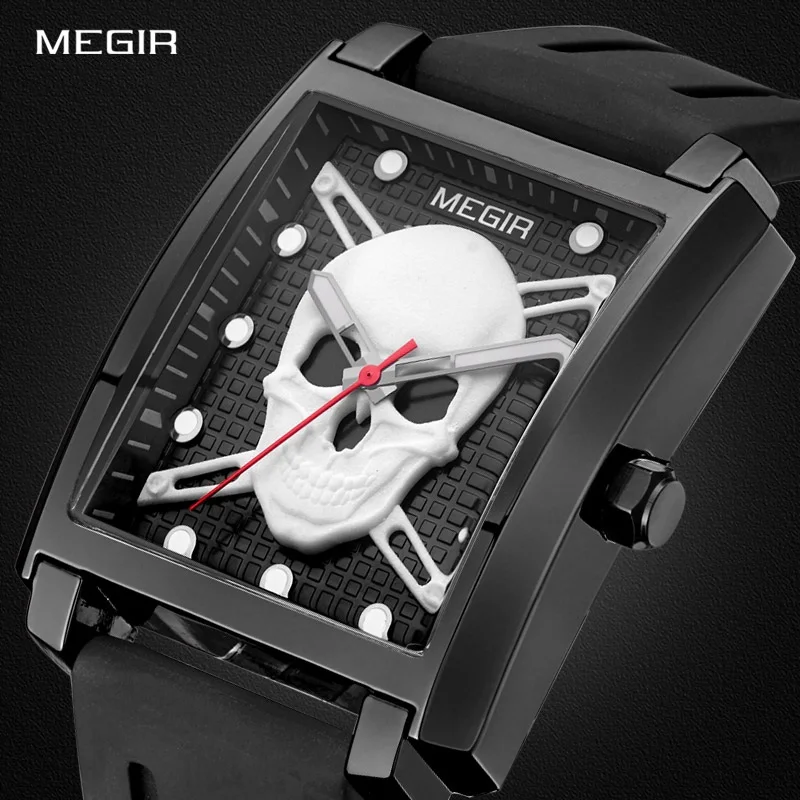 

New MEGIR 2017 Pirate Skull Style Quartz Watch Brand Men Military Silicone Sports Watches Waterproof Clock man Relogio Masculino