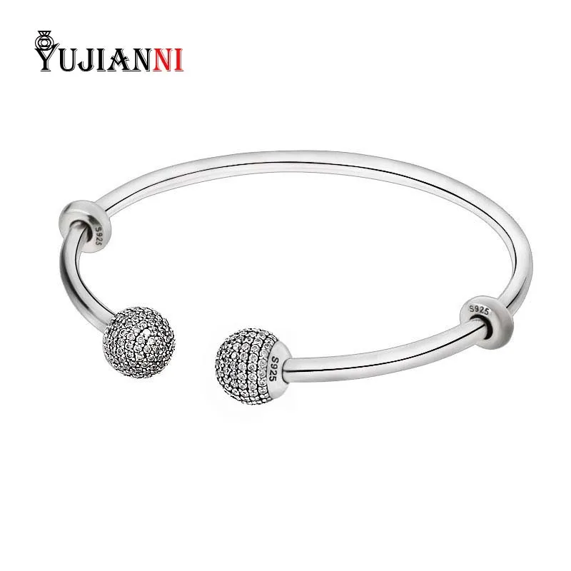 

Authentic 925 Sterling Silver Open Bangle Bracelet with Clear CZ Caps Fit European Original Brand DIY Beads Bracelet Jewelry