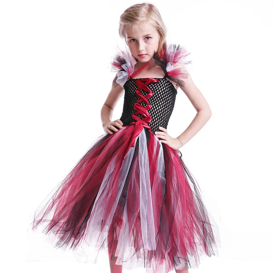 Black Wine Kids Halloween Purim Costume Evil Queen Inspired Girls Handmade Tutu Dress with Horns Children Scary Bow Gown (2)