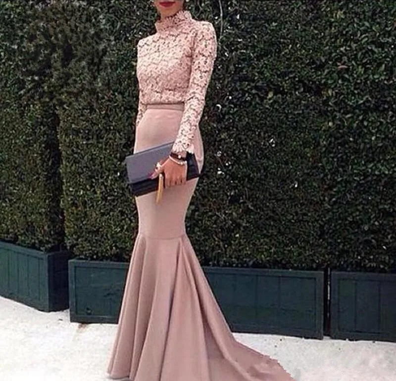 

Dubai Arabic Evening gown Lace High neck Long Sleeves Mermaid Prom Dresses 2019 Fashion Pink Special Occasion prom Dress Custom