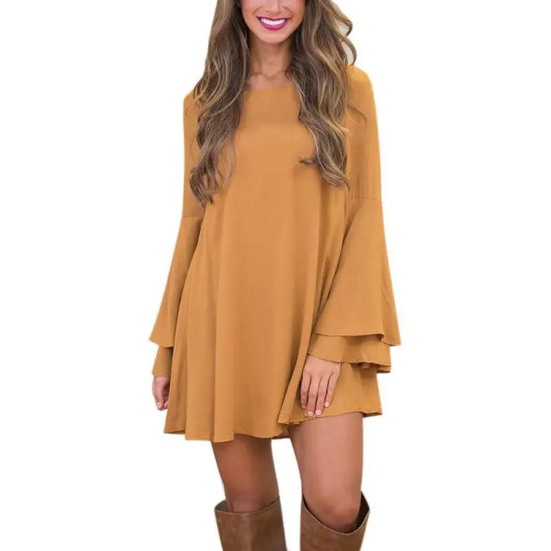 

Winter Mini Dress Women Long Flare Sleeve Dresses Brief Loose Casual A Line Dress Women Robe Backless Loose Solid Dress
