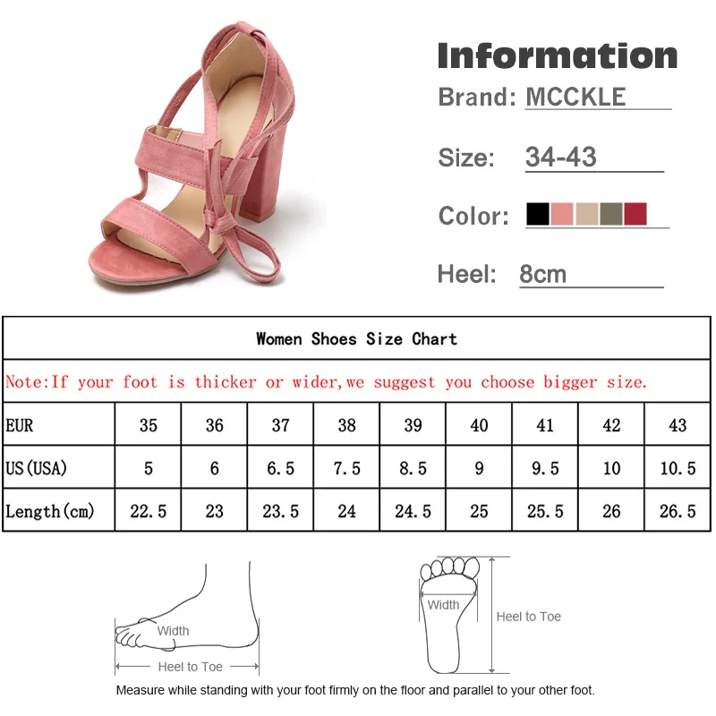 MCCKLE Women Sandals Ankle Strap High Heels Ladies Summer Shoes Elastic Band Ankle Cross Strap Female Square Heels For Woman