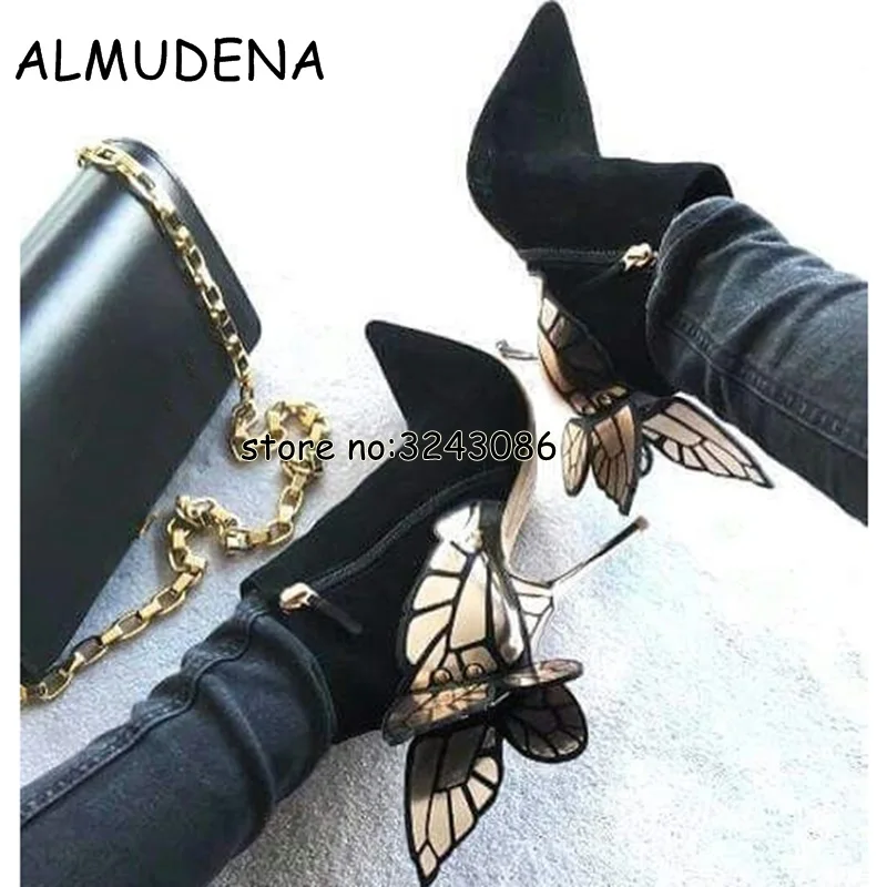 3D Butterfly Angel Wing Ankle Boots High Heels Sequined Pointed Toe Sexy Boots Woman Leather Suede Stiletto Boots Shoes