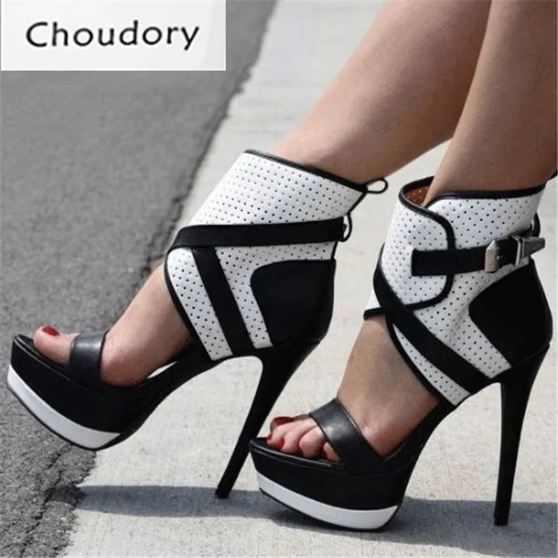 Choudory Mixed Color Dress Buckle Strap Super High Heels Sandals Women Thin Heels Platform Gladiator Sandals Sexy Shoes Woman