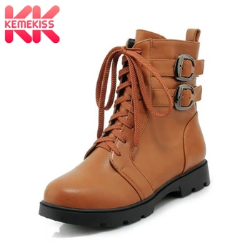 

KemeKiss Size 33-43 Women Flats Boots Metal Buckle Warm Winter Ankle Boots Zipper Round Toe Ladies Shoes Fashion Short Boots